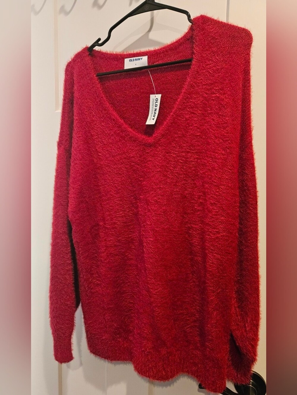 Old Navy Plush Red V-Neck Fuzzy Sweater SMALL